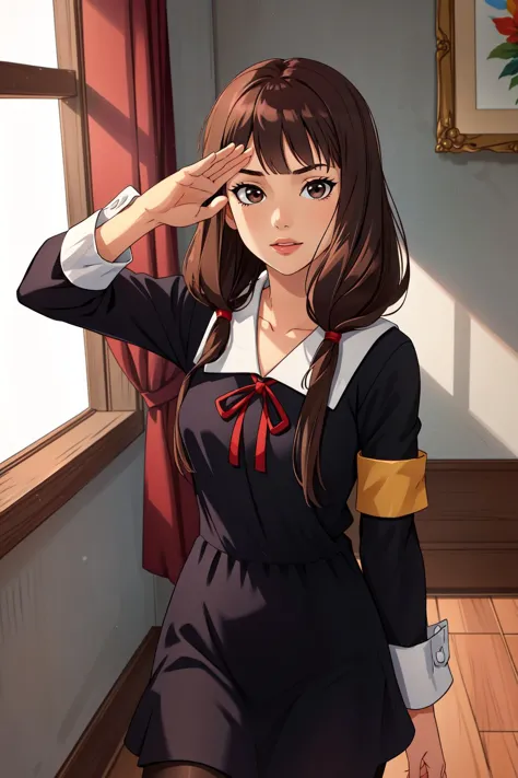 anime girl in a school uniform standing in front of a window