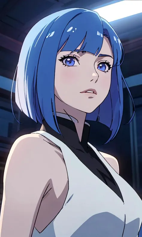 lbobh2024, 1 girl, best quality, masterpiece, cinematic lighting, long bob hairstyle, blue hair, pale skin, anime style,