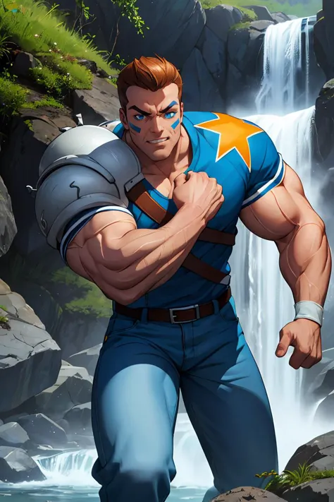 a close up of a man in a blue shirt and blue pants near a waterfall