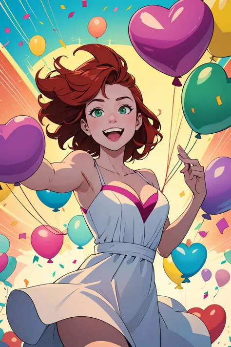 Comic style, illustration, line art style, illustrated cowboy shot of (22 years old ([Amy Adams|Kate Bosworth])) with auburn colored hair and pale green eyes dancing, celebrating, (balloons and confetti), eyes closed, big grin, happy, wearing sundress, small breasts, cleavage, party, (heart shaped balloons) flying in the air, celebration, high energy, uhd, absurdres, dynamic lighting, dynamic pose, hand drawn style, bright colors, fun explosion background,<lora:GoodHands-vanilla:1>,