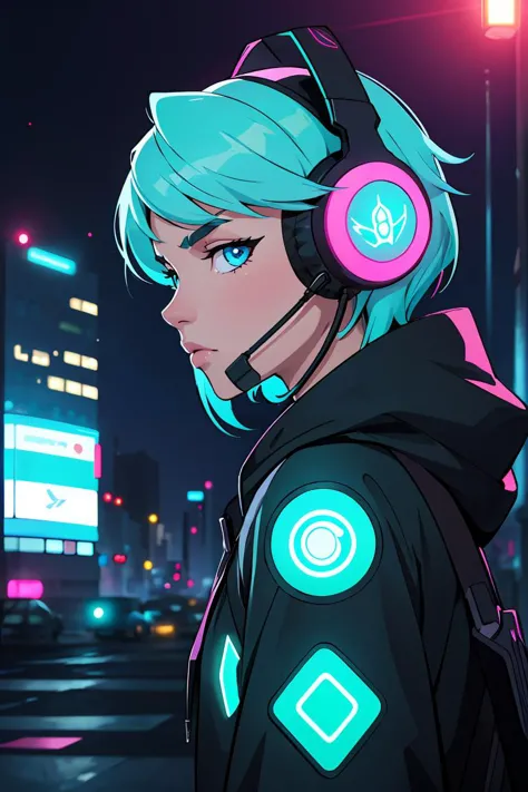 a girl with headphones and a jacket standing in the street