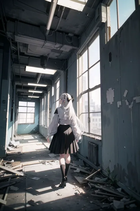 masterpiece, best quality, view from behind, view from below, cowboy shot, 1girl, large breasts, fit body, white hair, long hair, walking in the school hall way, looking away,
white blouse, black plate skirt, black socks, black shoes,
 <lora:abandoned school_v1:0.35> ruanyi056, broken window, blackboard, debris, in the abandoned school,