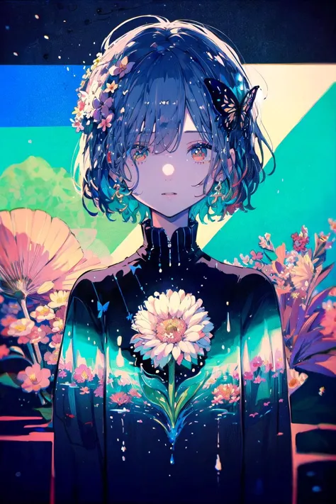 masterpiece, ultra-high quality,( ultra detailed original illustration),( 1girl, upper body),(( harajuku fashion)),(( flowers with human eyes, flower eyes)), double exposure, fussion of fluid abstract art, glitch,( 2d),( original illustration composition),( fusion of limited color, maximalism artstyle, geometric artstyle, butterflies, junk art)<lora:Ultramarine2-noise-loha-16:1>blue theme,Ultramarine,