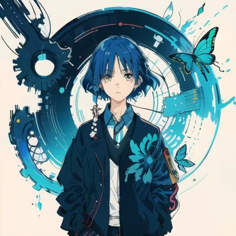 a close up of a person with blue hair and a jacket