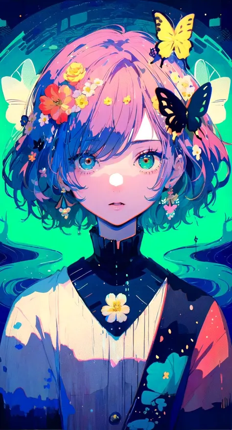 a girl with pink hair and butterfly in her hair