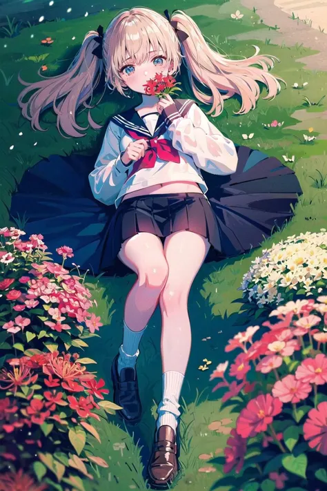 anime girl laying on the ground with flowers in her hand