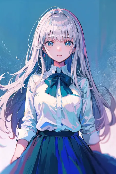 anime girl with long white hair and blue eyes in a white shirt