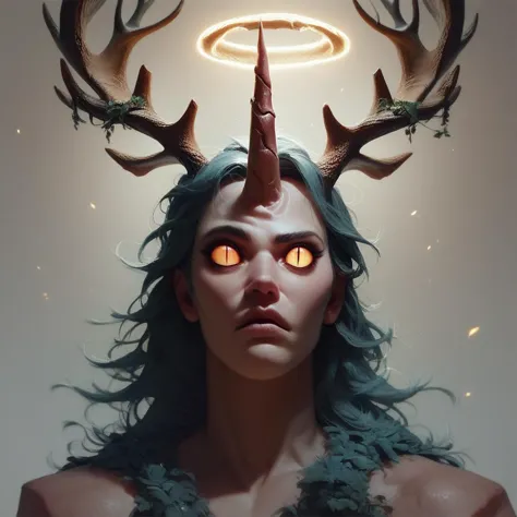 a close up of a woman with horns and a halo above her head