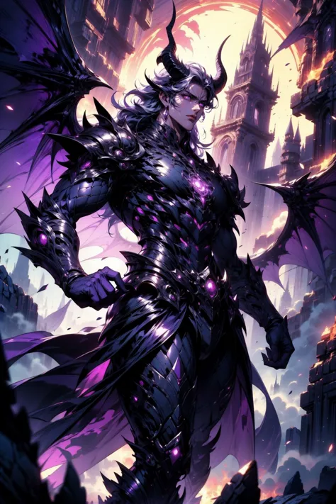 a dark knight with horns and a purple light on his face