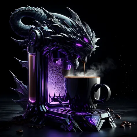 draconictech, science-fiction,obsidienne , Iridescent,   cafetière, tasse de café,