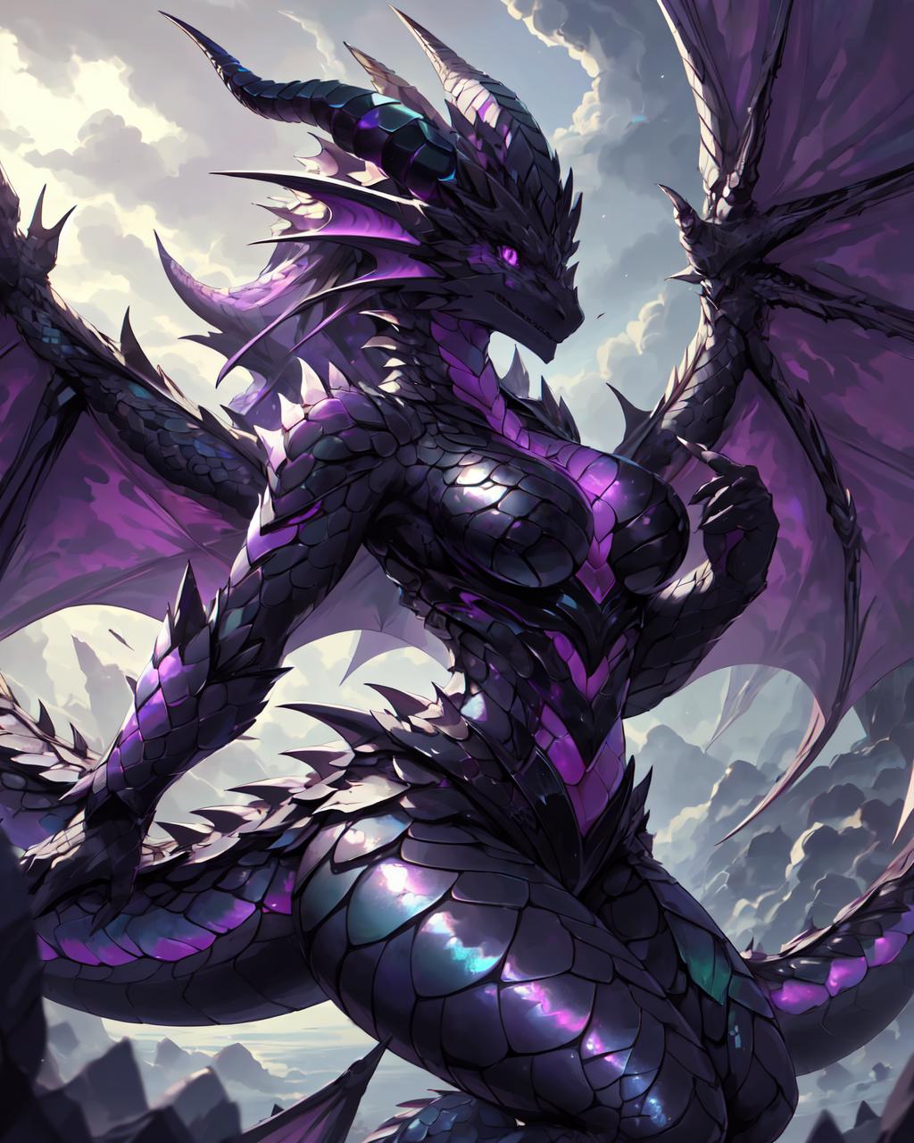 Ender dragon, female, black and purple body - SeaArt AI