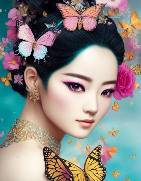 A highly detailed and hyper realistic portrait of a gorgeous Japanese Goddess, by alberto seveso and lisa frank, trending on artstation, butterflies, floral, sharp focus, studio photo, intricate details, highly detailed, by Tvera and wlop and artgerm