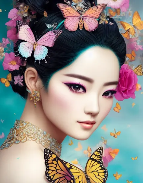 A highly detailed and hyper realistic portrait of a gorgeous Japanese Goddess, by alberto seveso and lisa frank, trending on artstation, butterflies, floral, sharp focus, studio photo, intricate details, highly detailed, by Tvera and wlop and artgerm