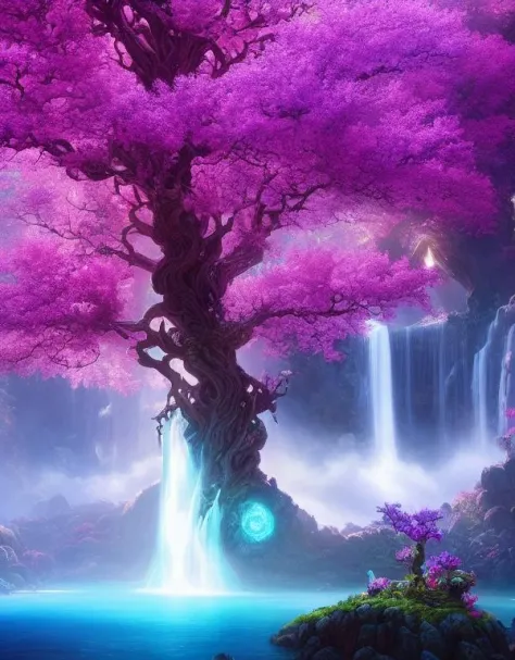 a wide shot of the tree of souls from avatar, colorful flowers, cascading waterfalls, highly detailed, intricate details, trendi...