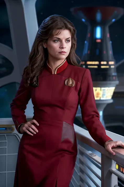 a realistic photo of Krloal, a middle aged woman, stoic expression, skeptical expression, wearing a red star trek dress, standin...