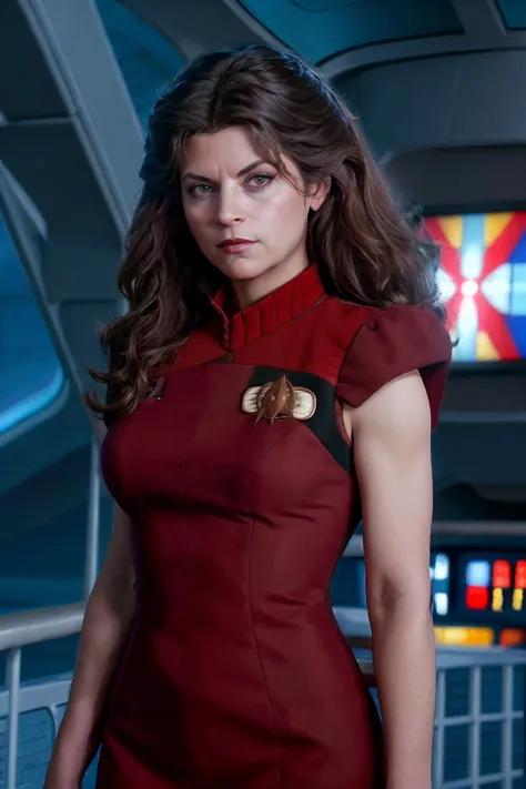 close up, realistic photo of Krloal, a middle aged woman, stoic expression, skeptical expression, wearing a red star trek dress,...