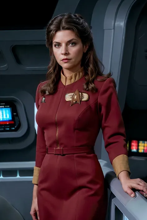 close up, realistic photo of Krloal, a middle aged woman, stoic expression, skeptical expression, wearing a red star trek dress,...