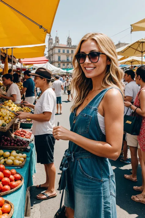 Componha uma cena de férias vibrante e detalhada com uma mulher loira de olhos claros, cercada por uma multidão animada em um mercado ao ar livre movimentado durante um dia ensolarado. O fundo deve ser preenchido com uma variedade de pessoas envolvidas em várias atividades, como fazer compras, aproveitar comida de rua, ou explorar barracas coloridas. Capture a energia da cena com todos banhados pela luz do sol quente, criando sombras e destaques dinâmicos. A mulher, vestida com roupas casuais, mas elegantes para férias, deve estar no centro do enquadramento, talvez interagindo com um vendedor ambulante ou capturando o momento com sua câmera. Certifique-se de que o nível de detalhe tanto no indivíduo quanto no fundo animado seja tão meticulosamente renderizado que capture a espontaneidade e a alegria de uma verdadeira fotografia de férias, transportando os espectadores para a atmosfera vibrante deste mercado movimentado