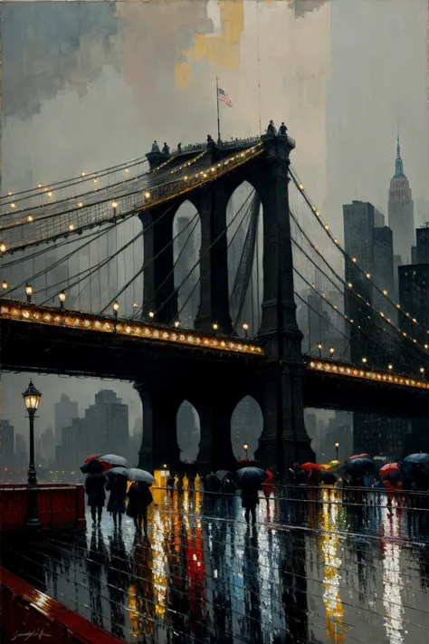 New York bridge, rain, people, canvas, oil paint, impasto brushstrokes, Richard Schmidt, Mark Legu, Jeremy Mann