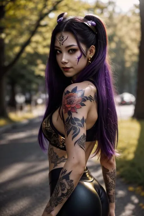 high quality. masterpiece, 8k, street, tree, road, tree canopy, upper body, face focus, 1girl, arrogant, mei, horns, long hair, (purple eyes:1.1), purple Amethyst hair, evil smile, big grin, golden red copper sliver tattoo black leggings, Amethyst laced glow tattoo black bodystockings, lace fractal red and golden glow enhanced skeleton Amethyst black tattoo bodysuit, red flower tattoo, long glow hair, glow golden earrings, red eyes, white face, tattoo mark mask tattoo, arrogant, she is standing, sunlit, weak lights and shadow, tree canopy, street, red flowers, evergreen, face focus,