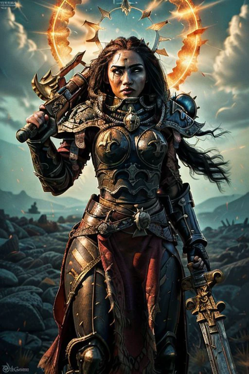 una pintura épica de moana con la armadura de adepta sororitas, whsororitas, halo sobre su cabeza, Obra maestra, 1 chica, mujer, piel oscura, hermoso rostro, (pose de lucha dinámica), sosteniendo una espada sierra, enfocado, enojado, severo, determinado, ojos detallados, pelo blanco, (peinado con rastas trenzadas), cicatrices de batalla, cicatriz en el ojo y en la mejilla, Fantasía oscura, arte gótico, Contrastes vivos, colores vibrantes, librando una batalla contra un demonio de llamas, sello de pureza en la armadura