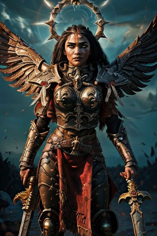 an epic painting of moana wearing the armor of adepta sororitas, whsororitas, halo over her head, masterpiece, 1girl, woman, dark skin, beautiful face, (dynamic fighting pose), armored angel wings, dualwielding swords, detailed eyes, looking at camera, determined, grim, dark pupil, white hair, (braided dreadlock hairstyle), battle-scars, scar on the eye and on the cheek, dark fantasy, gothic art, vivid contrasts, vibrant colors, fighting a demonic monster, purity seal on armor