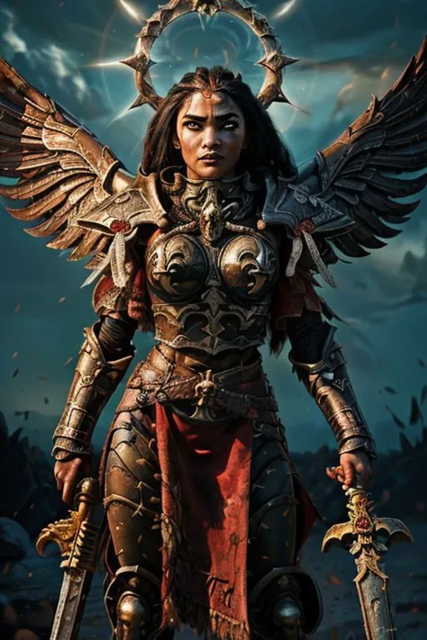 an epic painting of moana wearing the armor of adepta sororitas, whsororitas, halo over her head, masterpiece, 1girl, woman, dar...