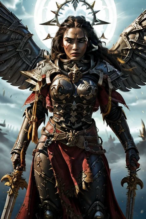 an epic painting of moana wearing the armor of adepta sororitas, whsororitas, halo over her head, masterpiece, 1girl, woman, dark skin, beautiful face, (dynamic fighting pose), armored angel wings, dualwielding swords, detailed eyes, dark pupil, white hair, (braided dreadlock hairstyle), battle-scars, scar on the eye and on the cheek, dark fantasy, gothic art, vivid contrasts, vibrant colors, fighting a demonic monster, purity seal on armor