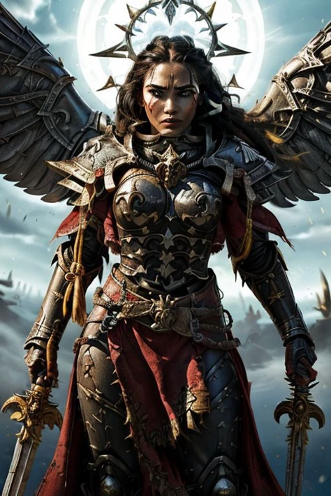 una pintura épica de moana con la armadura de adepta sororitas, whsororitas, halo sobre su cabeza, Obra maestra, 1 chica, mujer, piel oscura, hermoso rostro, (pose de lucha dinámica), alas de angel blindadas, espadas de doble empuñadura, ojos detallados, dark pupil, pelo blanco, (peinado con rastas trenzadas), cicatrices de batalla, cicatriz en el ojo y en la mejilla, Fantasía oscura, arte gótico, Contrastes vivos, colores vibrantes, luchando contra un monstruo demoniaco, sello de pureza en la armadura