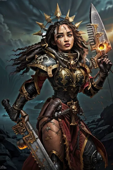 an epic painting of moana wearing the armor of adepta sororitas, whsororitas, halo over her head, masterpiece, 1girl, woman, dar...