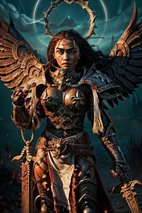 an epic painting of moana wearing the armor of adepta sororitas, whsororitas, halo over her head, masterpiece, 1girl, woman, dar...
