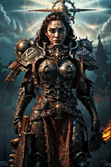 an epic painting of moana wearing the armor of adepta sororitas, whsororitas, halo over her head, masterpiece, 1girl, woman, dark skin, beautiful face, (dynamic fighting pose), holding a chainsword, focused, angry, grim, determined, detailed eyes, blue iris, white hair, (braided dreadlock hairstyle), battle-scars, scar on the eye and on the cheek, dark fantasy, gothic art, vivid contrasts, vibrant colors, fighting a battle against a flame demon, purity seal on armor