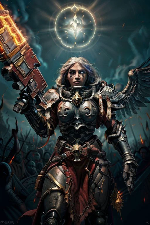 an epic painting of moana wearing the armor of adepta sororitas, whsororitas, halo over her head, masterpiece, 1girl, woman, dark skin, beautiful face, (dynamic fighting pose),  armored angel wings, holding a flamethrower, detailed eyes, dark pupil, (white hair, braided dreadlock hairstyle), battle-scars, scar on the eye and on the cheek, dark fantasy, gothic art, vivid contrasts, vibrant colors, fighting a battle against a flame demon, purity seal on armor