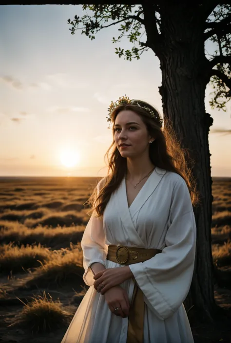 Color photo (Young 20 something Queen Elizabeth Alexandra Mary Winds as Druid Queen)((outdoor druidic golden sunrise ceremony))B...