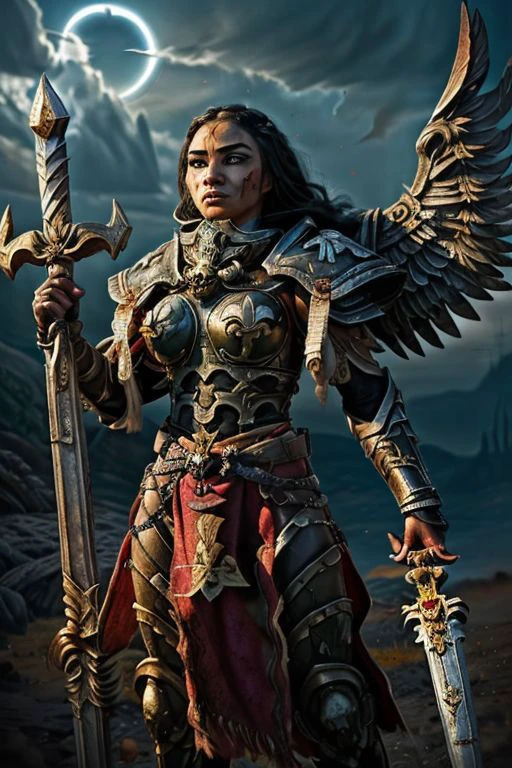 an epic painting of moana wearing the armor of adepta sororitas, whsororitas, halo over her head, masterpiece, 1girl, woman, dark skin, beautiful face, (dynamic fighting pose), armored angel wings, dualwielding swords, detailed eyes, looking at camera, determined, grim, dark pupil, white hair, (braided dreadlock hairstyle), battle-scars, scar on the eye and on the cheek, dark fantasy, gothic art, vivid contrasts, vibrant colors, fighting a demonic monster, purity seal on armor