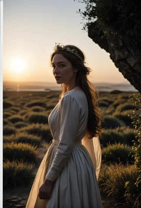 Color photo (Young 20 something Queen Elizabeth Alexandra Mary Winds as Druid Queen)((outdoor druidic golden sunrise ceremony))B...