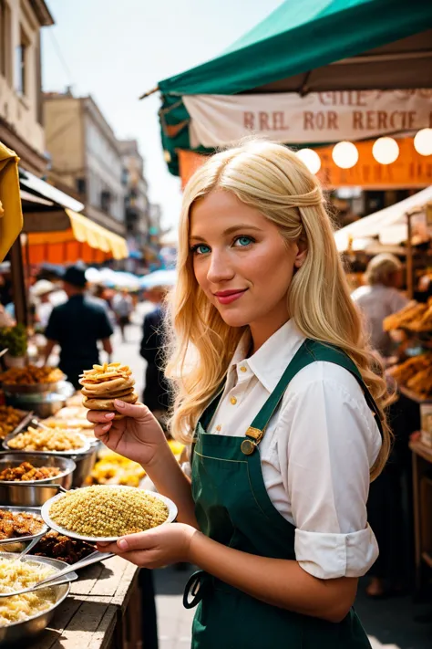 vintage style photo of Medium format film photography, (Blond woman with light eyes sampling street food delicacies:1.2), Contra...