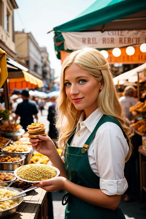 Vintage-Stil-Foto der Mittelformat-Filmfotografie, (Blonde Frau mit hellen Augen probiert Streetfood-Köstlichkeiten:1.2), Kontrastierende Komposition, Energetischer Marktplatz, Beschäftigte Verkäufer, (Sonnige Atmosphäre:1.3), Satte Farben, Lebendige Atmosphäre, authentische Momente, Aufgenommen mit einer Hasselblad 500C/M, 80mm f/2.8 lens, lebendige Details. Retro, nostalgisch, Altmodisch, zeitlos