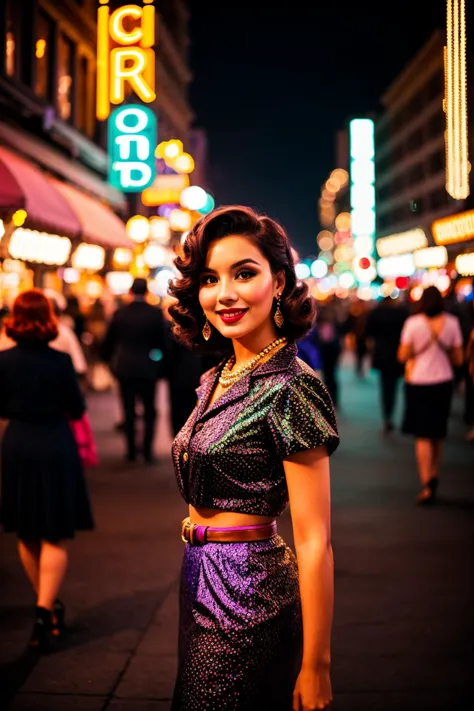 vintage style photo of (Stylish woman amidst night city lights:1.2), Off-center composition, Crowded street scene, Bright hues, ...