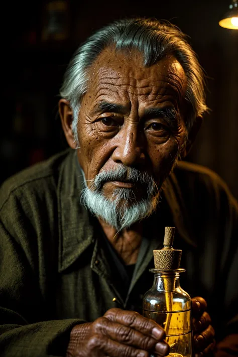 vintage style photo of Medium format film photography, (Aged philipine old man with potion bottle:1.2), Detailed concept, Tradit...
