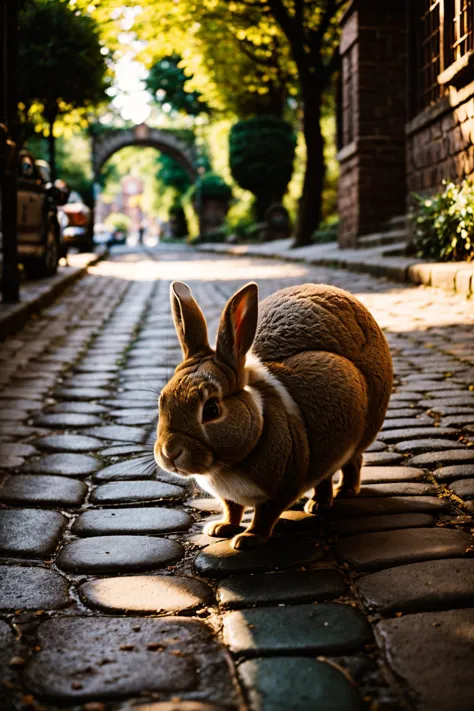 vintage style photo of Medium format film photography, (Curious rabbit exploring cobblestone path:1.3), Dynamic composition, Rou...