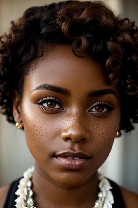 foto estilo vintage de (Mulher negra estilosa com olhar cativante:1.2), Composição equilibrada, Beleza sardenta, (lindos olhos castanhos:1.3), Cabelo cacheado em cascata, elegância sutil, (iluminação natural:1.2). retrô, nostálgico, antiquado, Eterno