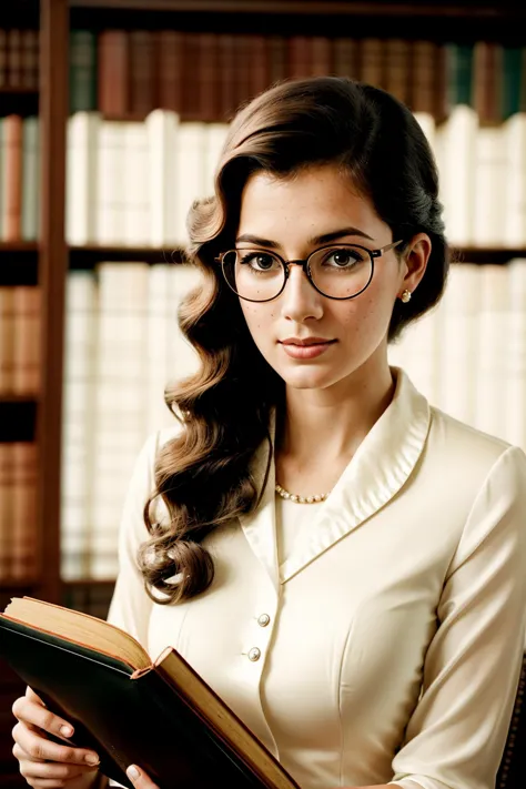 vintage style photo of (Elegant librarian with sleek glasses:1.3), Symmetrical balance, Curly hair cascading, Freckled cheeks, (...