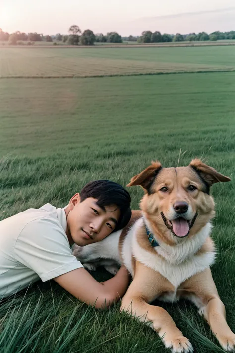 Vintage-Stil-Foto der Mittelformat-Filmfotografie, (Neugieriger asiatischer junger Mann, begleitet von einem ruhenden Hund auf einem weiten Feld:1.3), Diagonale Komposition, unschuldiger Blick, Pelziger Begleiter, (Fließendes Gras:1.3), blaue Himmel, ruhige Lage, einfache Freude, (Sanftes Sonnenlicht:1.2), Feinwäsche, Dezente Farbtöne, herzerwärmende Ruhe. Retro, nostalgisch, Altmodisch, zeitlos