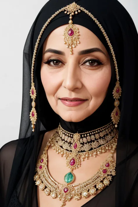 Produisez un portrait hyperréaliste d&#39;une femme arabe de 70 ans portant un hijab et une superbe robe ornée de bijoux complexes.. Le sujet est placé sur un fond coloré qui complète ses vêtements, avec une expression chaleureuse et amicale qui transmet la sagesse et l&#39;expérience. Les détails des bijoux sont rendus avec des détails exquis, et la peau et les yeux du sujet sont ultra détaillés, avec une touche de beauté naturelle qui respire la grâce et l&#39;élégance.