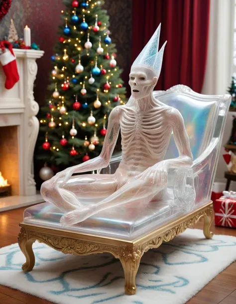 arafed skeleton sitting on a chair in front of a christmas tree