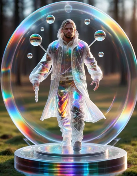 a man in a raincoat is standing inside a bubble