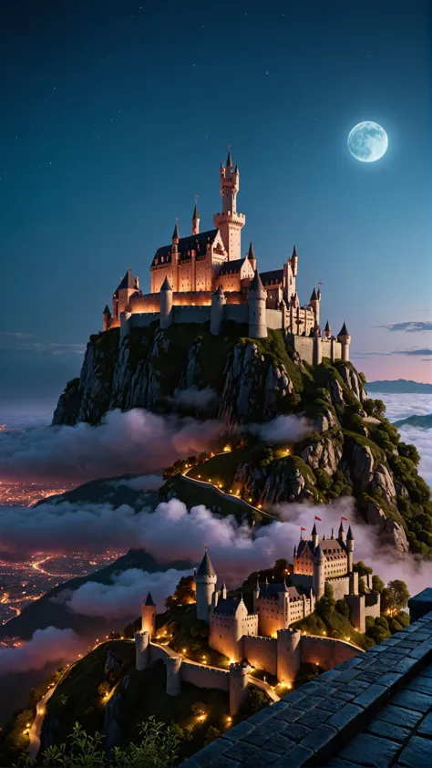 a large castle on a hill with a full moon in the sky