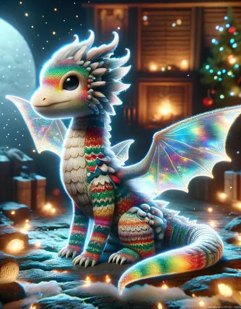 a dragon with a rainbow tail sitting on a snowy ground