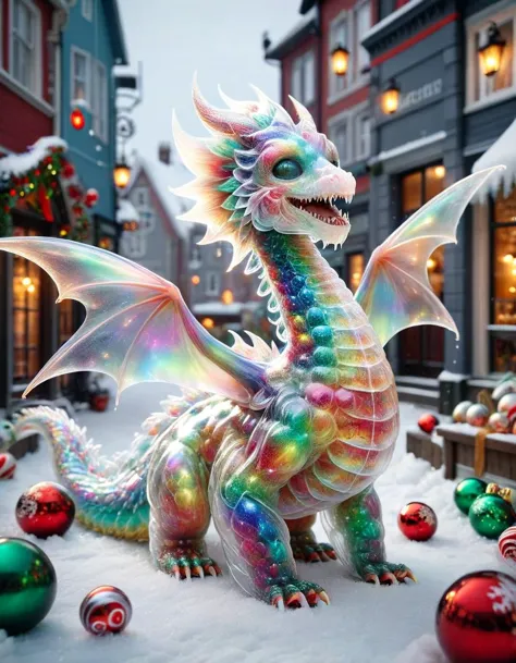 a close up of a dragon statue in a snowy area with ornaments